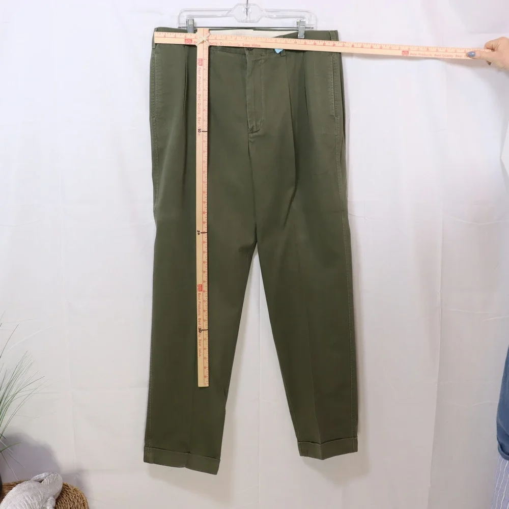 Daniel Cremieux Chino Pants 36x32 Green Mens Pleated Cuffed Cotton Trousers